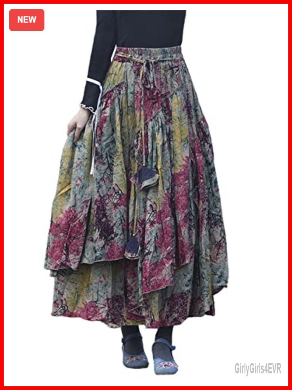 A-Line Maxi Skirt Cotton Linen High Waist Pleated Flared Hem